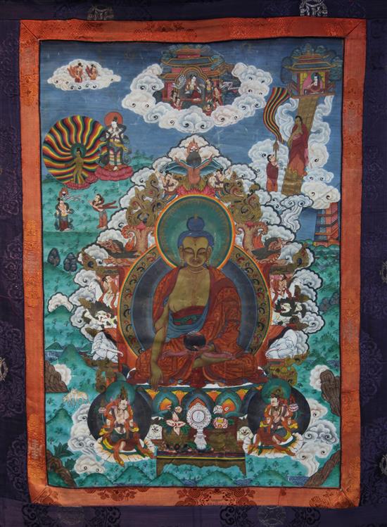 A Tibetan painted silk thangka of Buddha Sakyamuni, late 19th / early 20th century, image 65 x 44cm